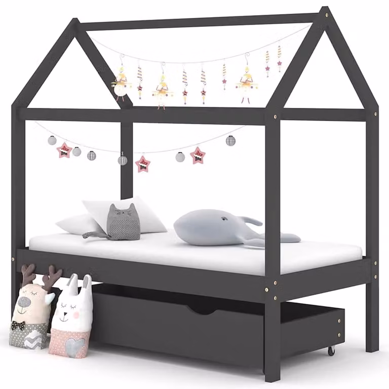 vidaXL Giroletto per Bambini con Cassetto in Pino Massello Grigio 70 x 140 cm