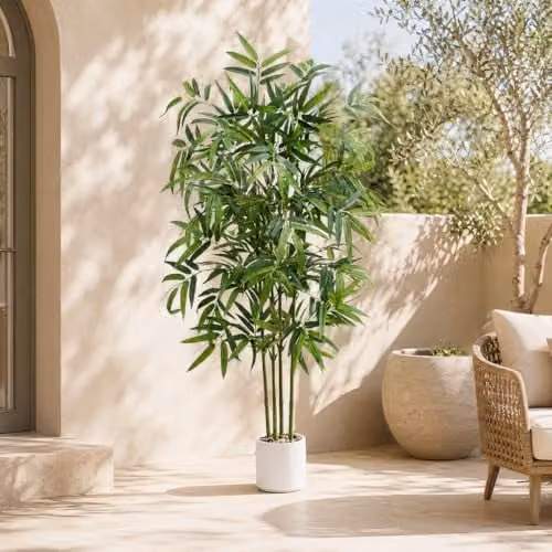 TXABL Albero artificiale, albero di bambù artificiale, alto 1,5 m, in vaso bianco, albero artificiale per interni, albero di bambù in seta con tronco in legno naturale, per casa, ufficio, soggiorno,