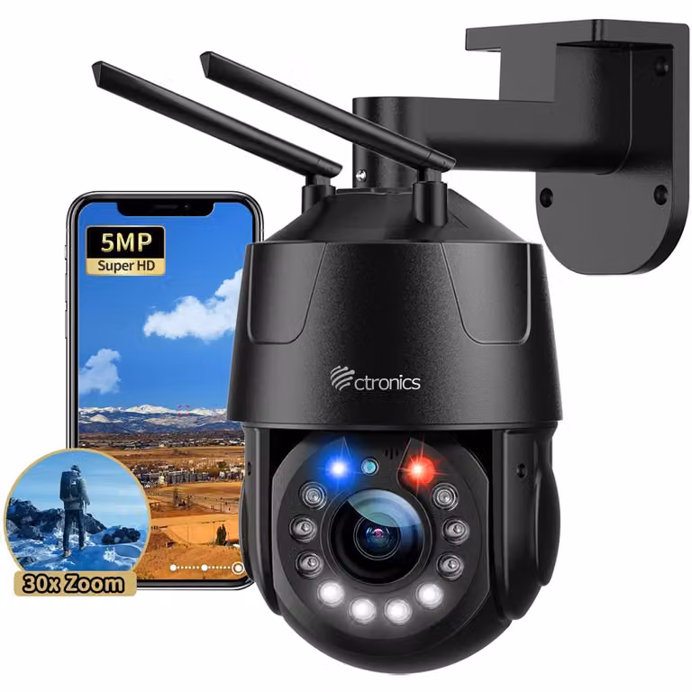 Telecamera esterna - Wi-Fi - 5 MP, zoom 30x - Visione notturna a 150 metri - Colore: nero
