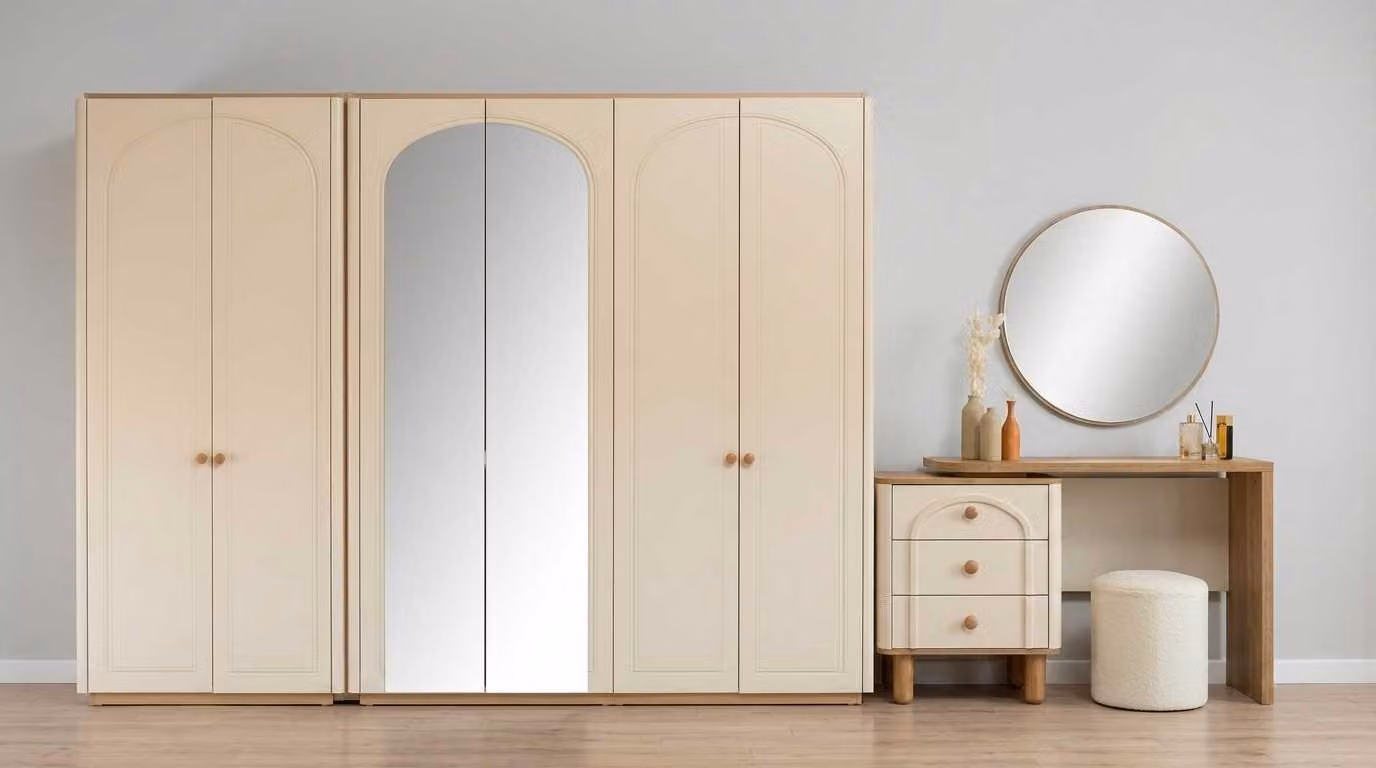 Armadio, tavolino da trucco, set beige, design moderno, lusso, specchio, sgabello