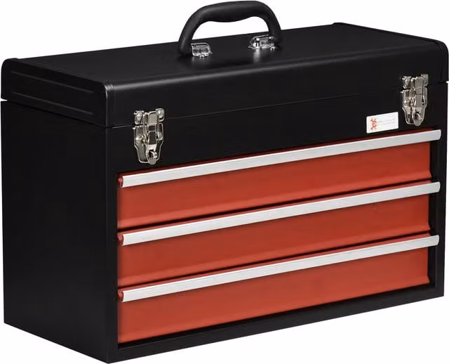 Cassetta porta attrezzi DURHAND in acciaio con 3 cassetti e vassoio superiore a doppia serratura, L: 51 cm, P: 22 cm, H: 32 cm, Rosso e Nero – 1
