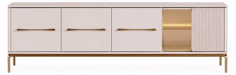 Elegante mobile TV con finitura effetto marmo e dettagli decorativi dorati