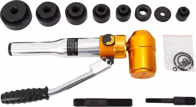Set punzonatrice idraulica per lamiera - TPA-8 - Manuale - 90 kN - Intervallo 22,5–60,8 mm - Corsa 22 mm - 6 matrici - 60 ml di olio - Giallo