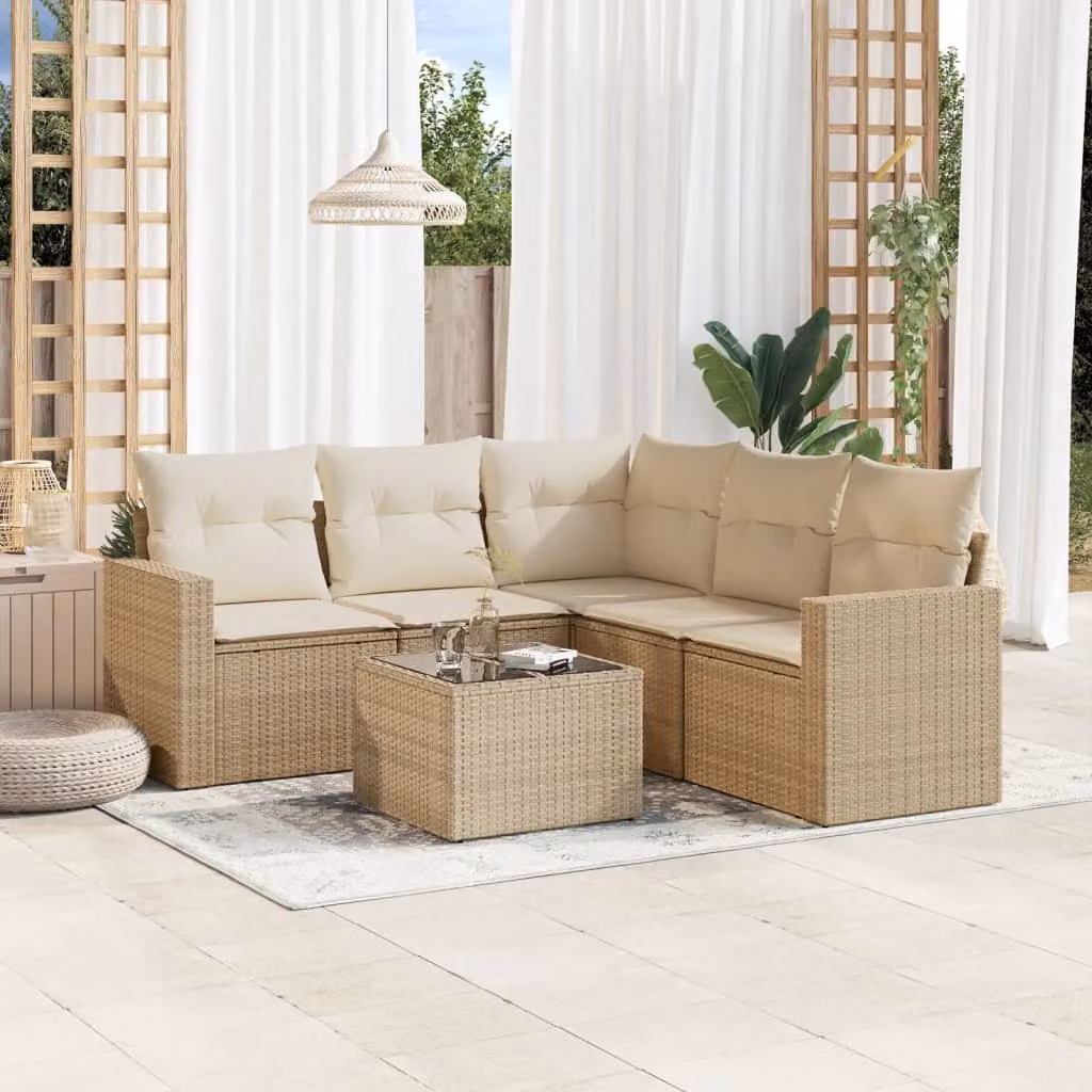 vidaXL Set Divano da Giardino a L da 6 Pezzi con Tavolino e Cuscini Beige in Polyrattan e Struttura in Metallo