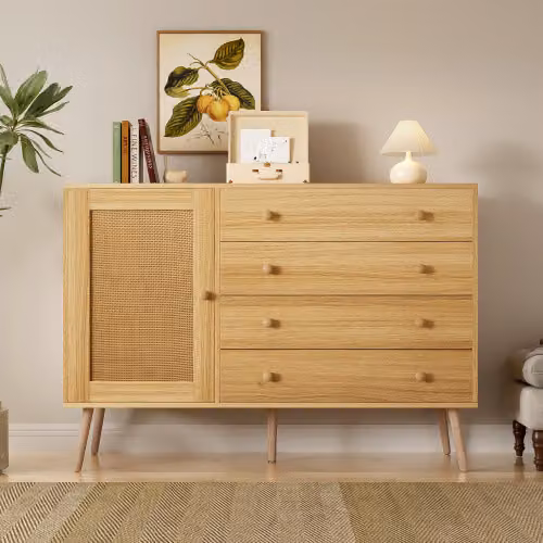 Cassettiera AIORBER, molto spazio, credenza, con 4 cassetti e 1 anta, in legno, robusta e durevole, per camera da letto, cucina, 120x40x83cm, colore legno