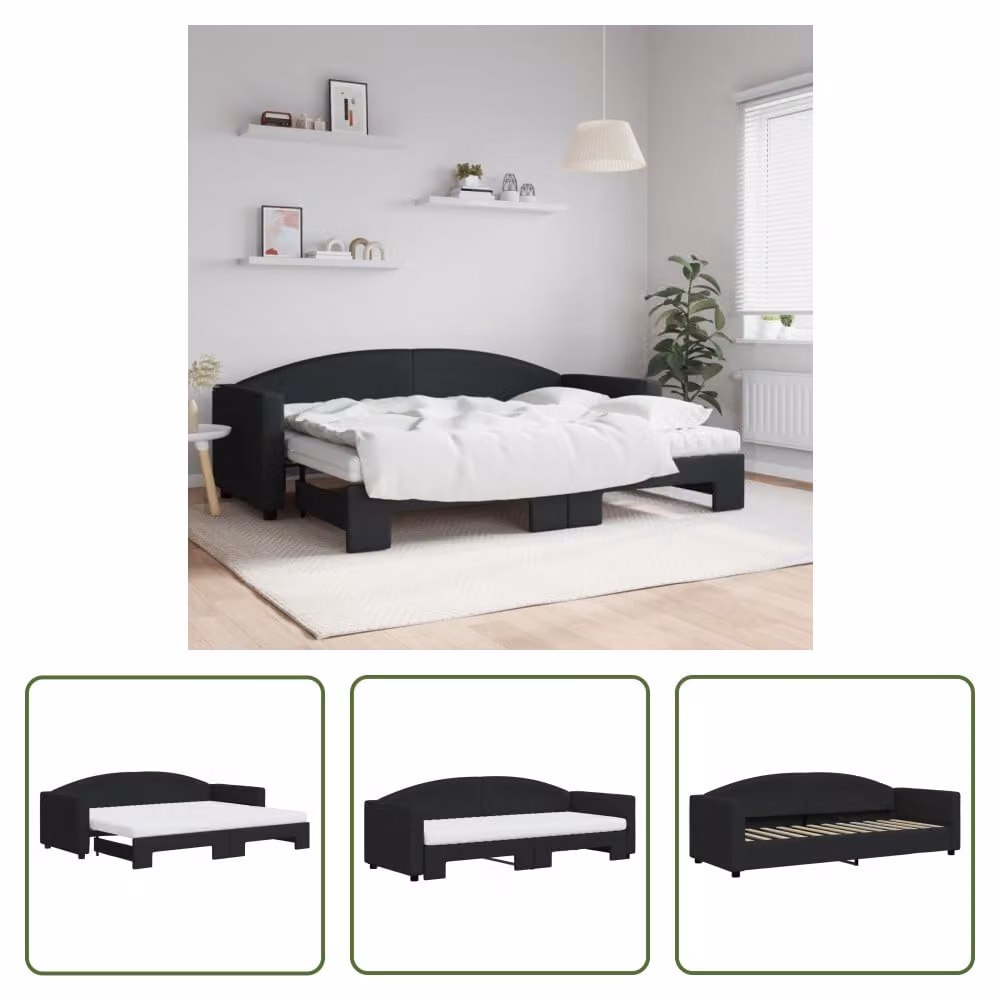 The Living Store Lettino allungabile con materassi nero 80x200 cm in tessuto