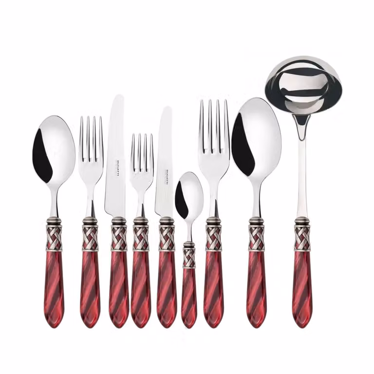 Set di posate Aladdin in acciaio inossidabile con ghiera argento anticato e scatola wenge, 75 pezzi, colore rosso
