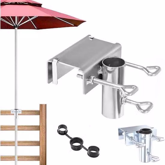Morsetto metallico per ombrelloni da esterno - 1 pezzo - Supporto per ombrelloni da terrazza, tavolo o tavolo da giardino - Supporto per ombrelloni con gancio per balcone o giardino - Adatto per tribune, ringhiere, modanature e superfici esterne