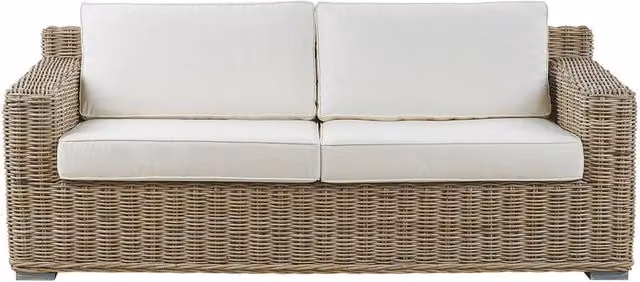 Divano da giardino Beliani in rattan marrone con cuscini bianchi rimovibili per esterni a 2 posti