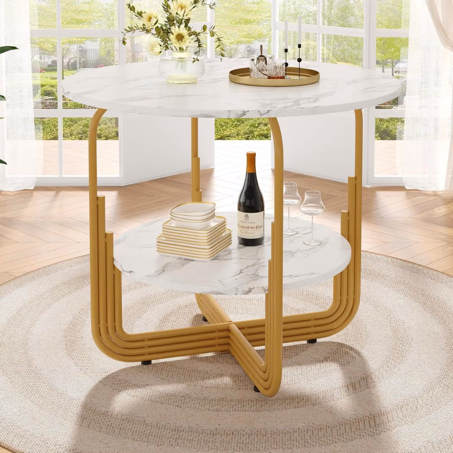 Tavolo da pranzo rotondo, diametro 80 cm, bianco, aspetto marmo, con piano centrale contenitore