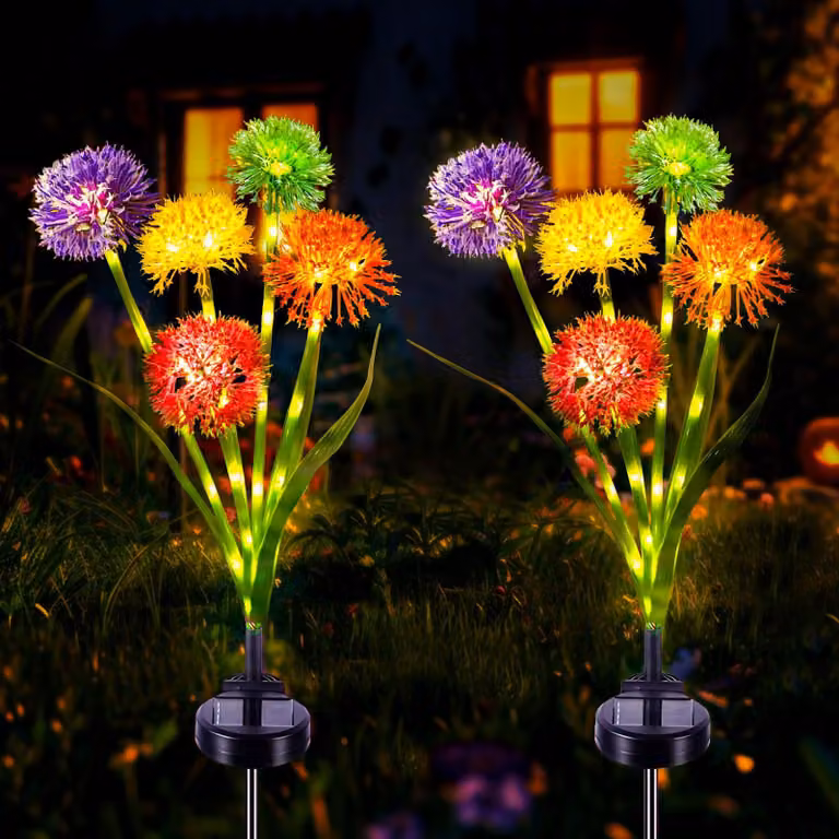 Set di 2 lampade solari a forma di fiori di tarassaco, LED, grado di protezione IP65, luce bianco caldo