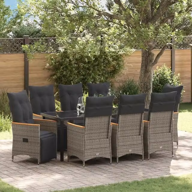 Set da pranzo moderno per giardino e terrazzo vidaXL in polyrattan e legno di acacia con piano in vetro, 9 pezzi, Grigio e Marrone – 1