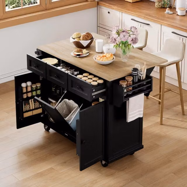 Carrello da cucina con piano estraibile pieghevole vano rifiuti e cassetti su ruote nero e naturale 112 × 46,2 × 92,7 cm