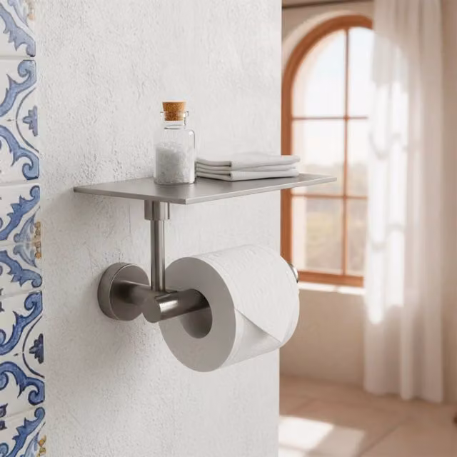 Portarotolo per carta igienica SINED in acciaio inox satinato, modello PORTA-ROTOLO-APPOGGIO-LEVANTE-CANNA-FUCILE, da appendere al muro, disponibile in nero o argento – 1