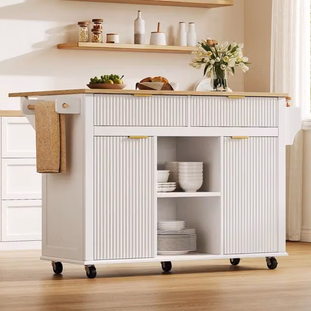 Isola da cucina su ruote WISHDOR bianca con piano ribaltabile, 2 cassetti, 2 ante e vano porta spezie, L/P/H: 143 x 45 x 89,5 cm