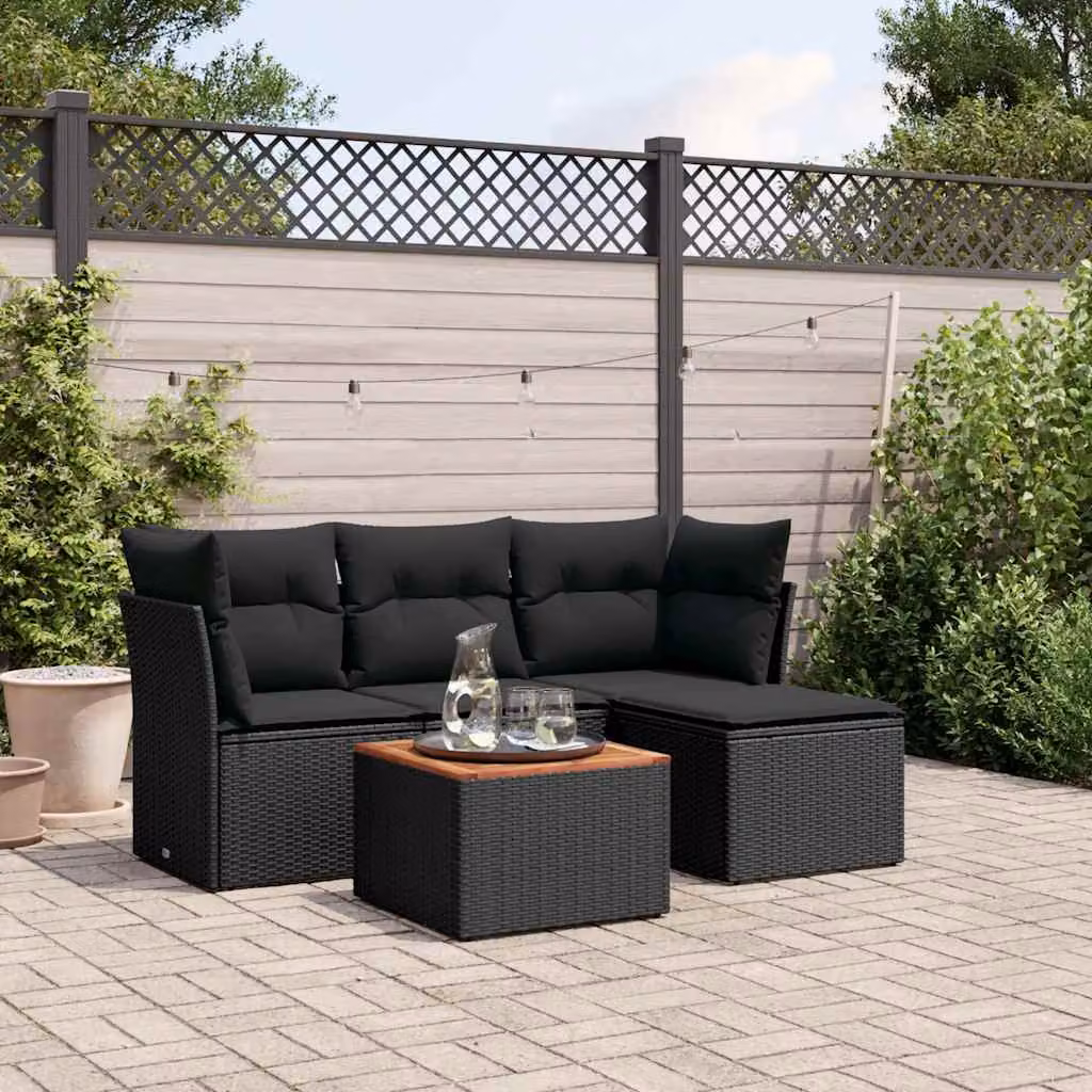 vidaXL Set Divani da Giardino 5 pz a L con Cuscini in Polyrattan Nero e Tavolino da Esterno – 1