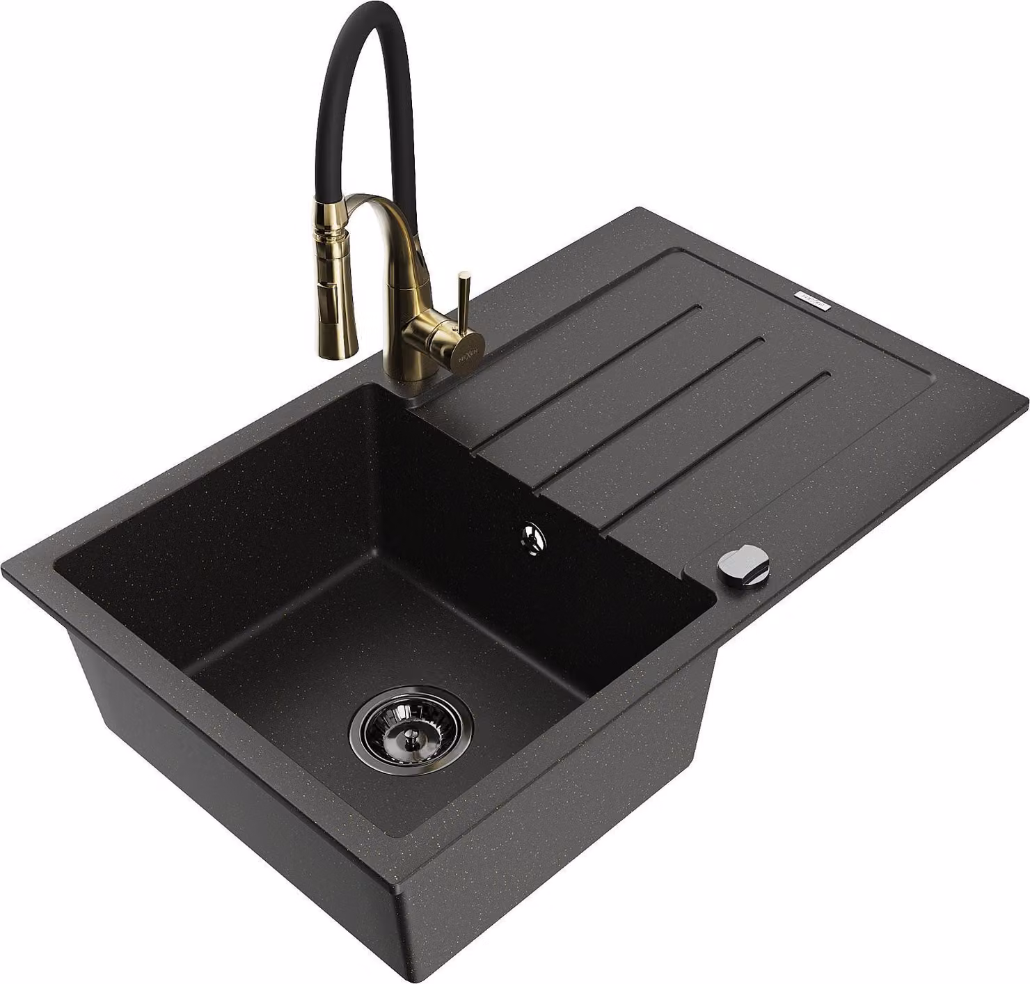Mexen Bruno lavello in granito a 1 vasca con scolapiatti e miscelatore da cucina Aster, nero/oro metallizzato