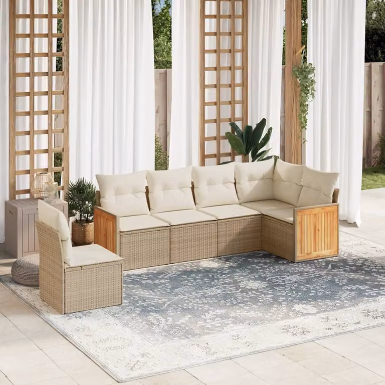 vidaXL Set Divano da Giardino a L 6 pz in Polyrattan con Cuscini Beige e Struttura in Legno di Acacia