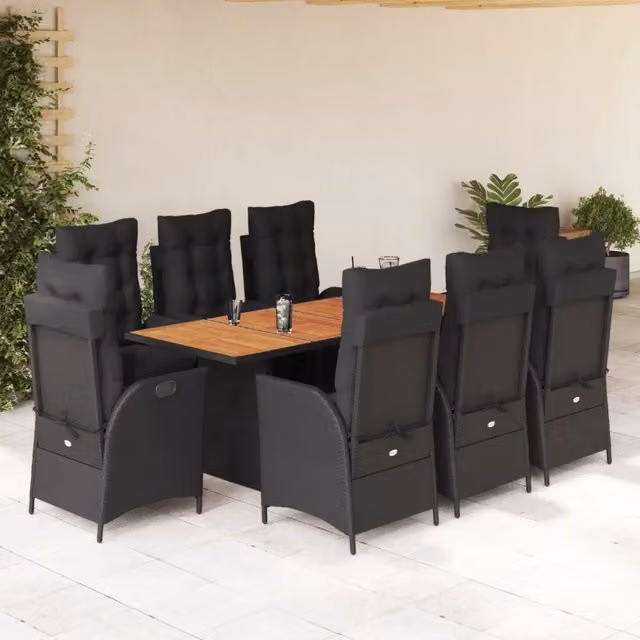 Set da Pranzo da Giardino vidaXL in Polyrattan e Legno di Acacia Nero, 9 Pezzi