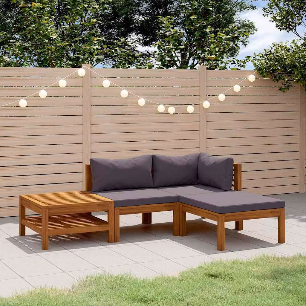 Set da giardino vidaXL in legno di acacia con cuscini grigi e tavolino, composizione a L da 4 pezzi per esterno