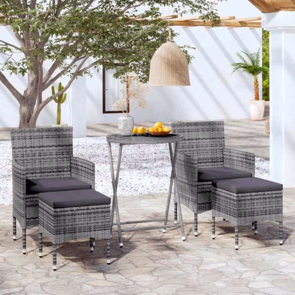 Set Bistrot da Giardino vidaXL in Polyrattan e Vetro Temperato Grigio, 5 Pezzi