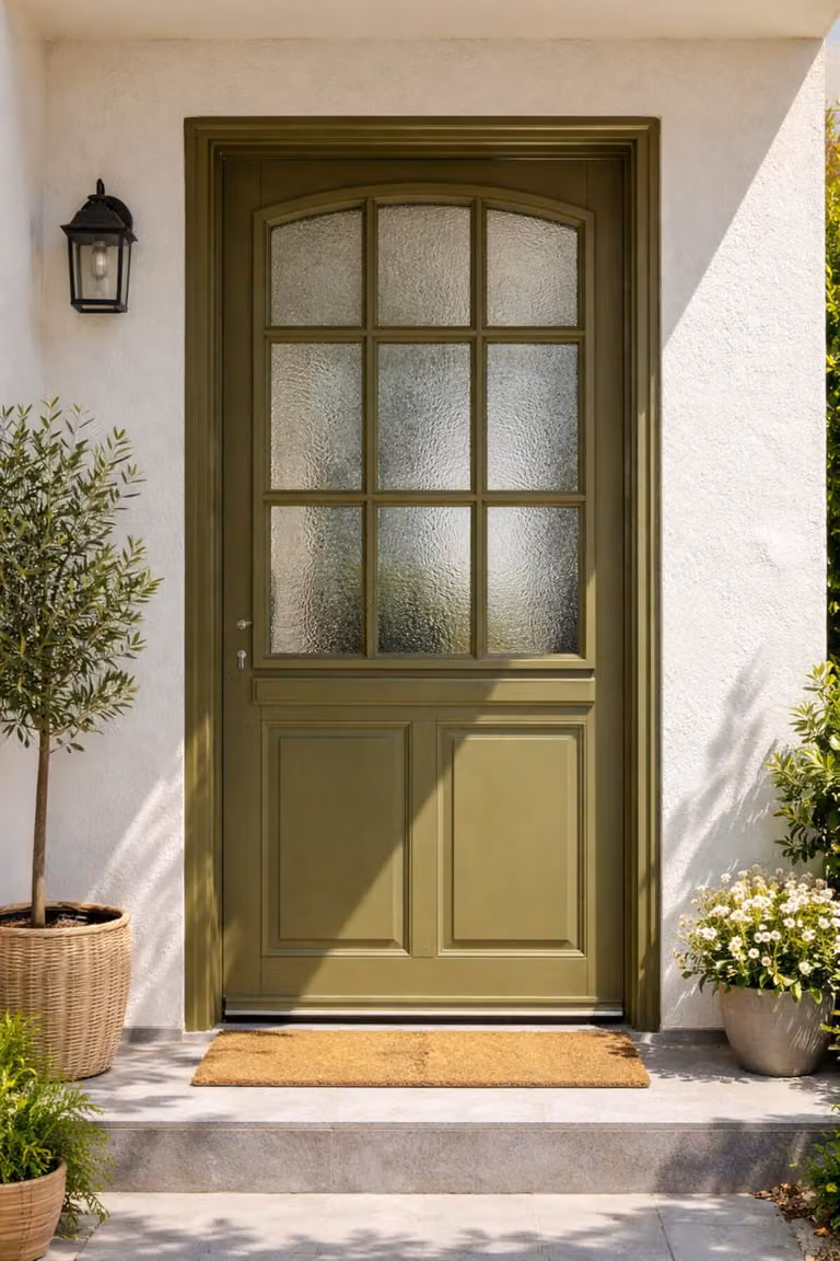 Porta d'ingresso in legno con vetro Andore verde grigio oliva, H.215xL.80 cm, lato con pannello dritto, maniglia, cilindro grande, ferramenta