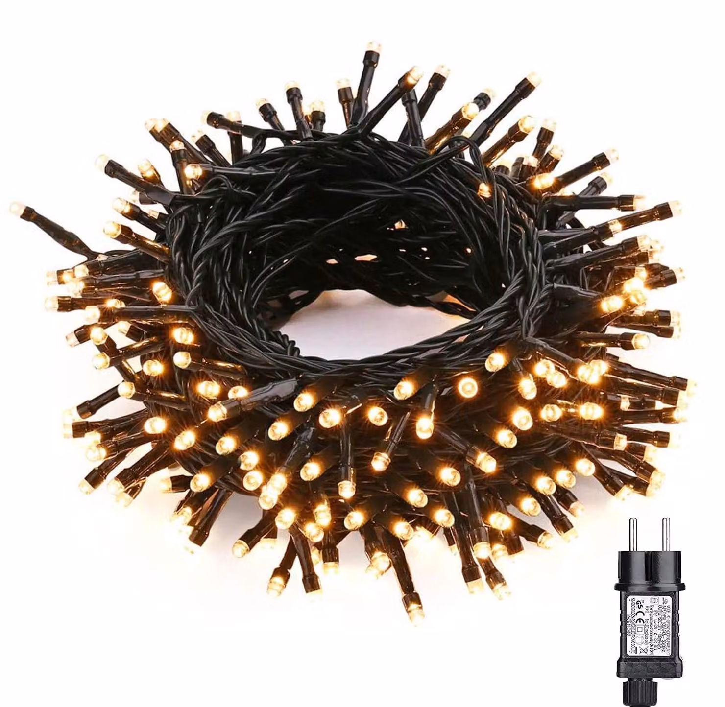 Catena luminosa LED da 20 metri, luce bianca calda, grado di protezione IP44, 8 modalità, timer