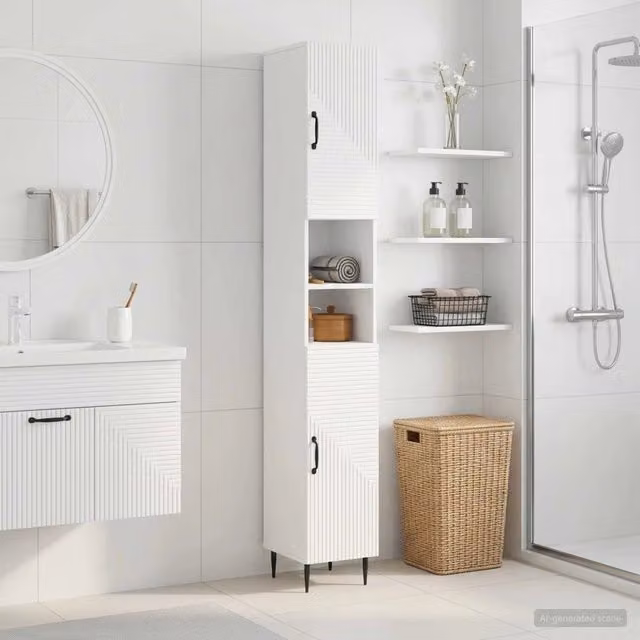 Armadio da Bagno Moderno vidaXL Bianco Lucido con Ripiani Interni e Scaffale Aperto L/P/H: 31 x 23,7 x 190 cm – 1