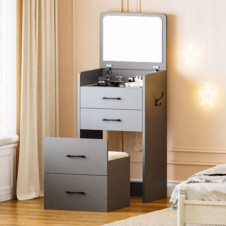 Comò da trucco con specchio e sgabello, mobile multifunzione 3 in 1 con 3 cassetti, colore grigio