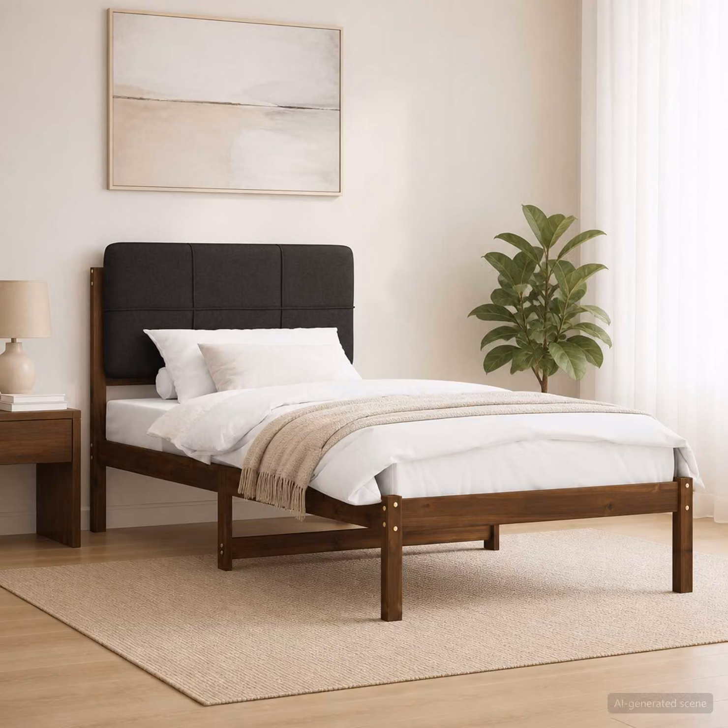 Letto con testiera rivestita vidaXL in legno di acacia, Marrone scuro e Nero, L 80 x P 200 cm
