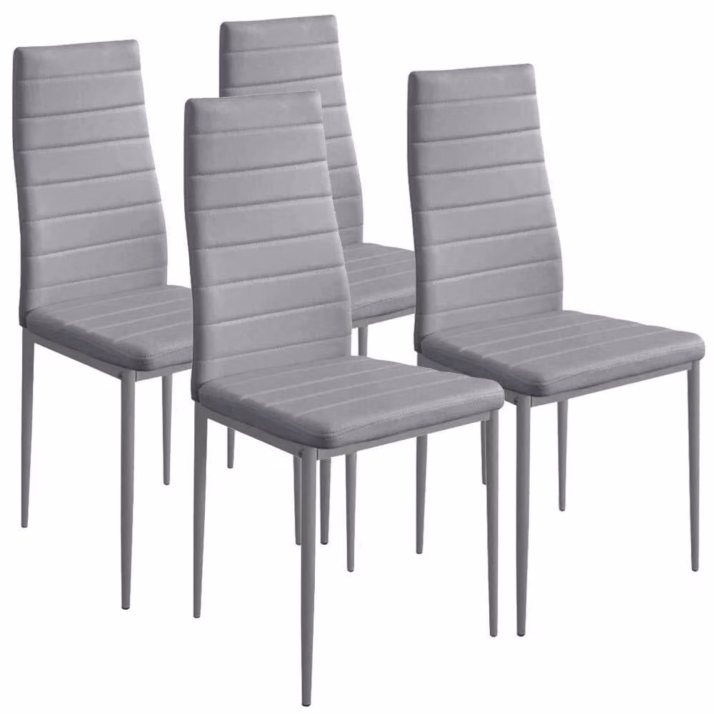 Set di 4 sedie da pranzo, rivestite in ecopelle, struttura in acciaio, colore grigio, dimensioni 41x45x98 cm