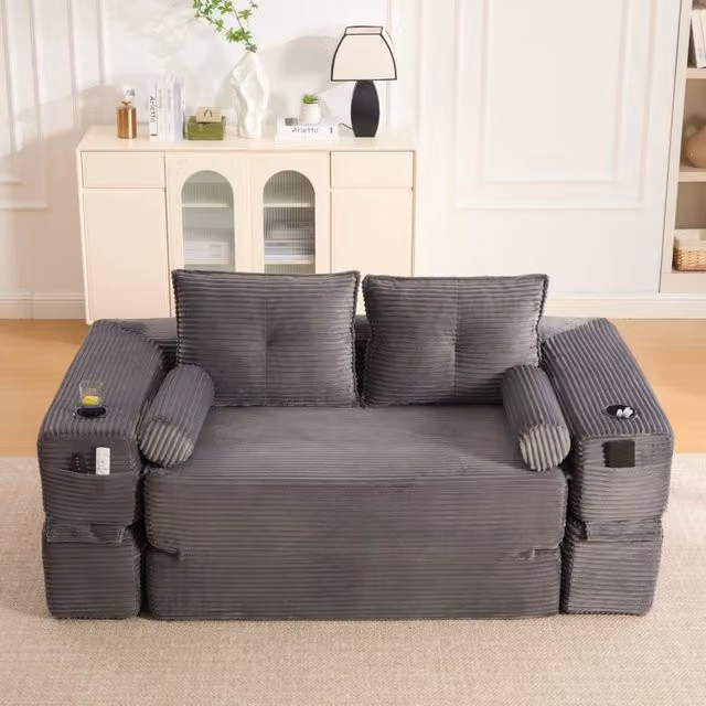 Divano letto 2 posti 180 cm apribile in velluto a coste grigio scuro per soggiorno e piccoli appartamenti