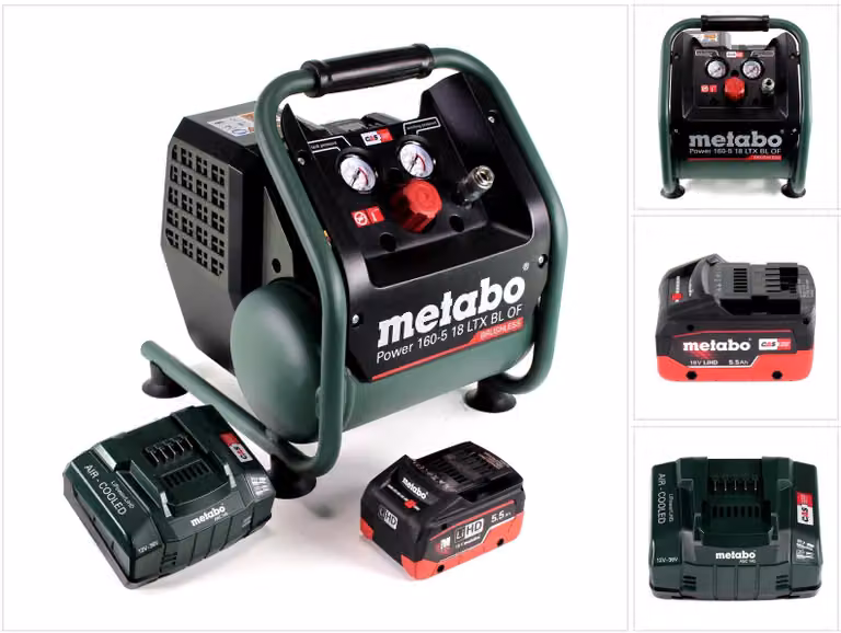 Metabo Power 160-5 18 LTX BL OF Compressore a batteria 18 V 8,0 bar Brushless + 1x pacco batteria LiHD 5,5 Ah + caricabatterie