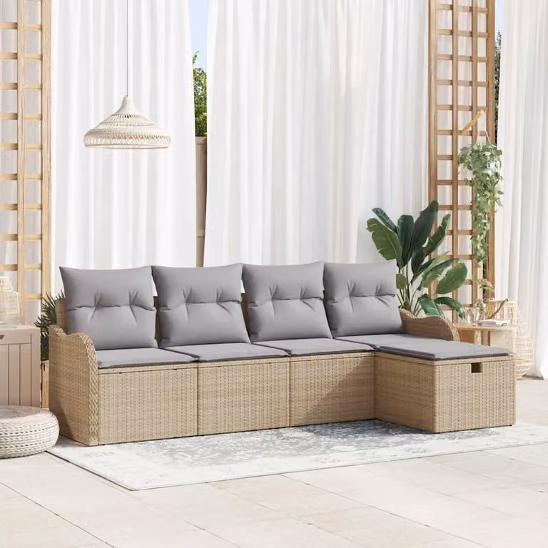 Set Divano da Giardino vidaXL 5 Pezzi a Forma di U con Ottoman e Cuscini, Struttura in Acciaio Verniciato e Tessuto Grigio o Beige per 4 Persone
