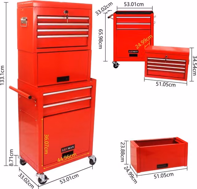 Carrello portautensili WISHDOR in acciaio con 6 cassetti rimovibili, armadietto inferiore, ruote girevoli e chiusura, rosso
