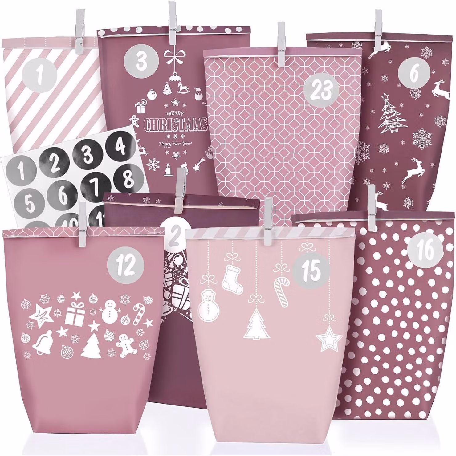 Calendario dell'Avvento con 24 sacchetti regalo XXL, riutilizzabili, color rosa