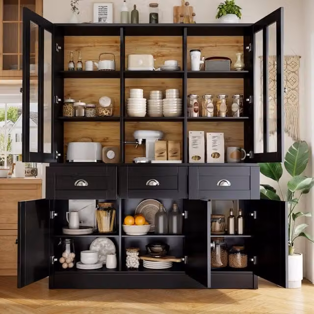 Mobile colonna da cucina Mivray nero con ante scorrevoli trasparenti e ripiani interni in MDF