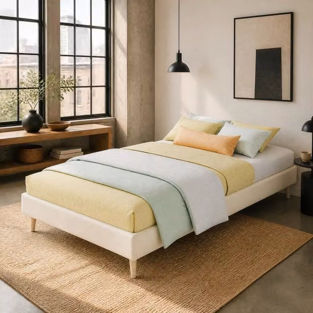 Letto singolo per bambini MODFU in tessuto beige con struttura in metallo e testiera imbottita, L/P/H: 90 x 200 cm