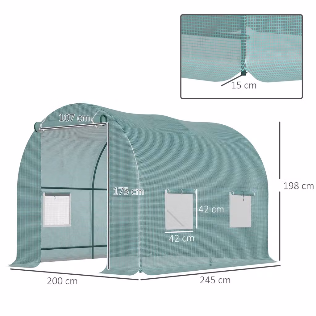 Serra a tunnel WISHDOR con finestre, struttura in acciaio e plastica, verde e trasparente, L/P/H: 245 x 200 x 198 cm – 2