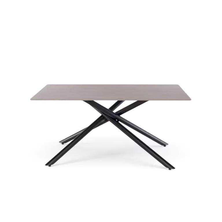 Tavolo MACINAGGIO con piano in ceramica effetto pietra grigio e gambe incrociate in metallo nero, 160x90x76 cm