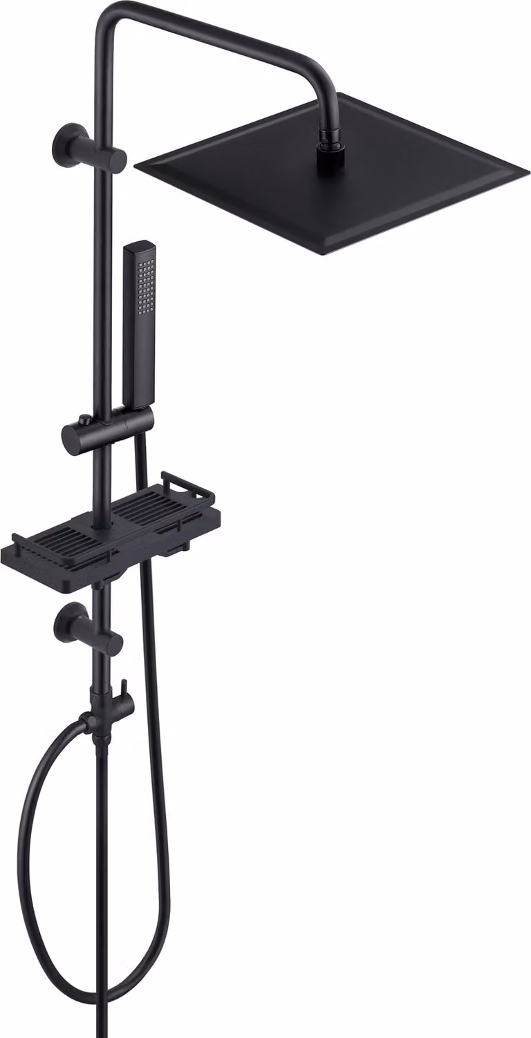 JOHO Colonna DocciaAcciaio Inox Senza Miscelatore Fori Muro Regolabili Nero-Set Asta Doccia a Pioggia Porta Ogetti Mensola Quadrato soffione 30x30cm