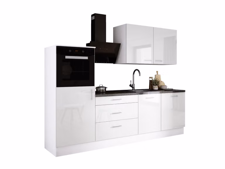 Set da cucina: tre cassetti, cinque ante, otto ripiani, colore: bianco / bianco lucido