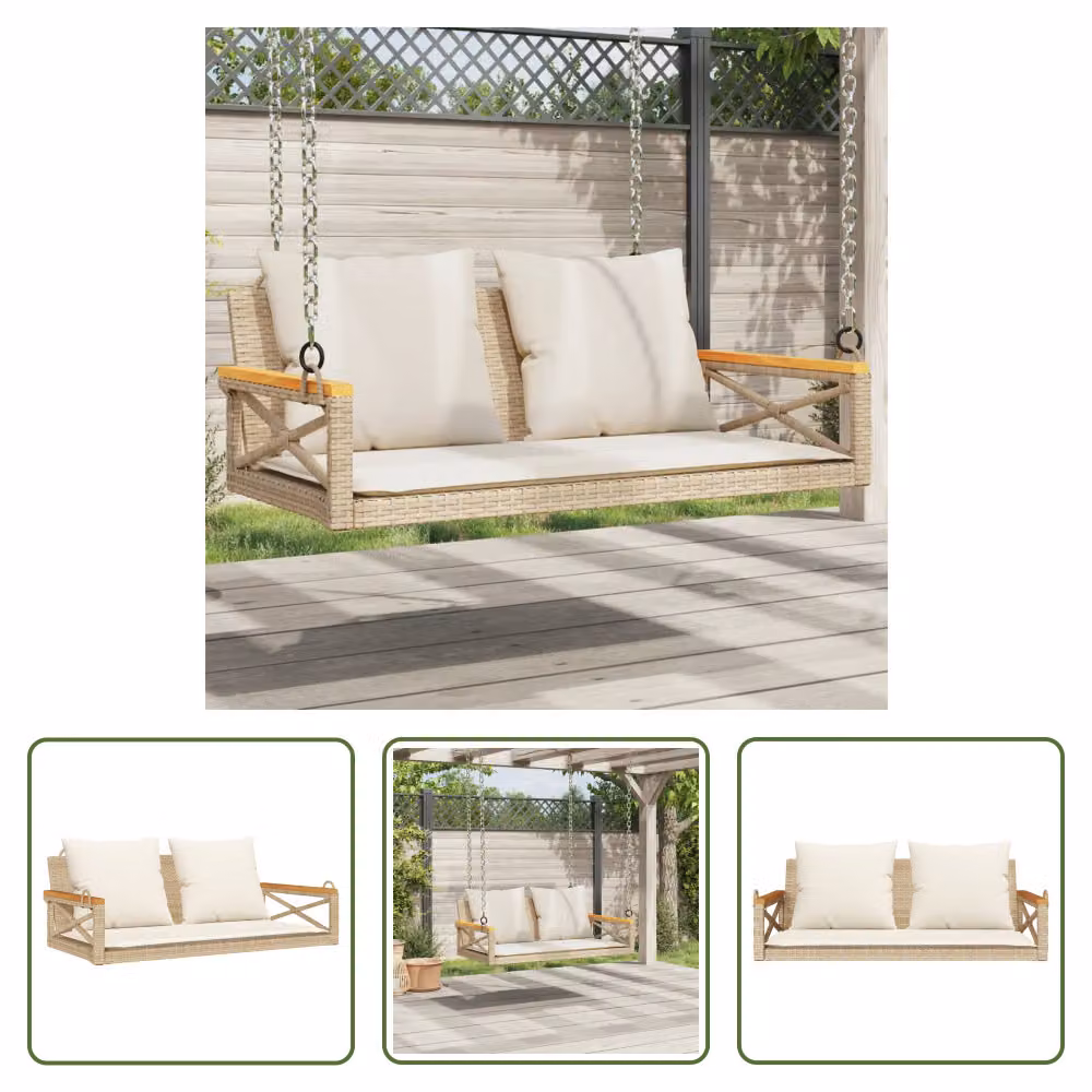 The Living Store Panca sospesa con cuscini Beige 109x62x40 cm Poly Rattan
