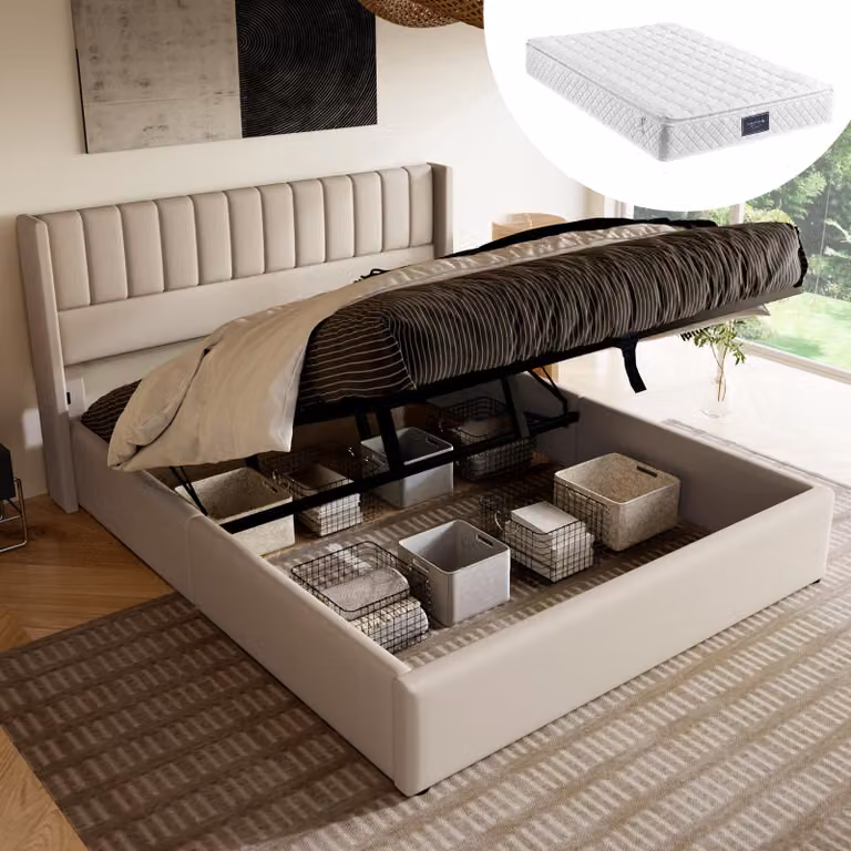 Letto contenitore 140x200 cm, letto imbottito con vano contenitore idraulico, testiera imbottita e rete a molle sollevabile, tessuto in lino