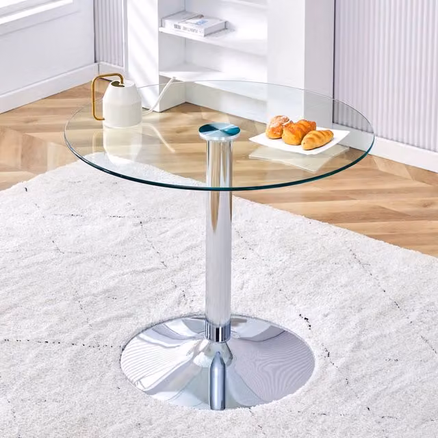 Tavolo da bar ULEVR ?85 cm, H 76 cm con piano in vetro trasparente e base in metallo argentato
