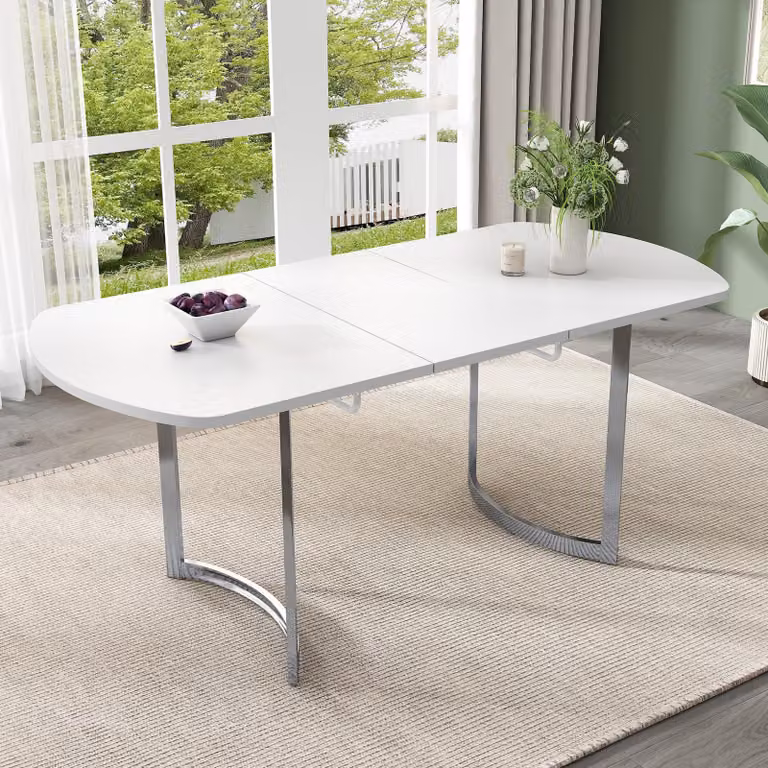 Tavolo da pranzo allungabile Sweiko 140/180 x 80 cm, lunghezza allungabile 180 cm, gambe in metallo argentato, stile moderno, supporto in lega ad alta resistenza, adatto per 4-6 persone, bianco + gambe del tavolo argentate