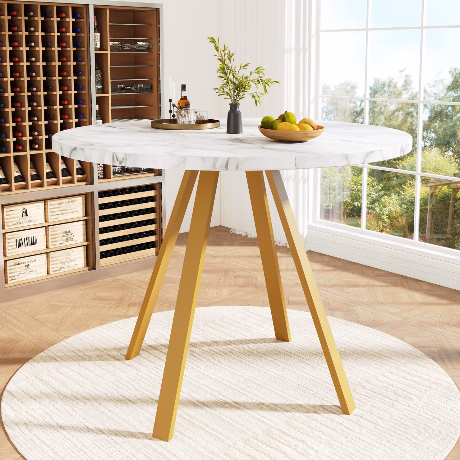 Tavolo da pranzo rotondo Flieks Tavolo da sala da pranzo, tavolo da cucina con gambe in metallo, tavolo da lavoro tavolo da giardino gambe in ferro, 80x80x75 cm, bianco + oro