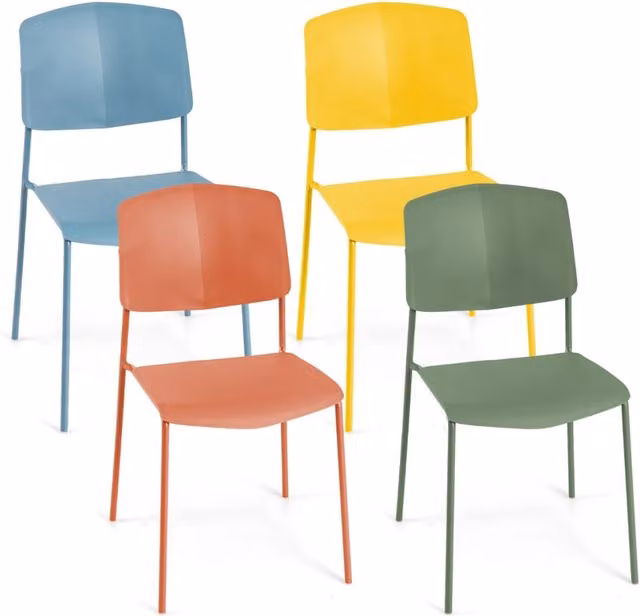 Set di 4 sedie da pranzo impilabili con schienale ergonomico e seduta ampia, sedie laterali senza bracci in plastica e metallo, multicolore opaco