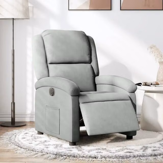 Poltrona Elettrica Reclinabile-Divano Sedia Grigio Chiaro in Vera Pelle 388301