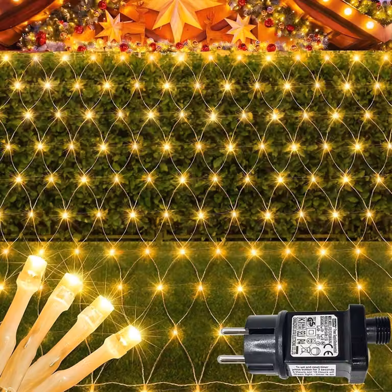 Rete luminosa a LED, dimensioni 1,5x1,5 m, 100 LED, espandibile, con timer, 9 modalità, luce bianco caldo